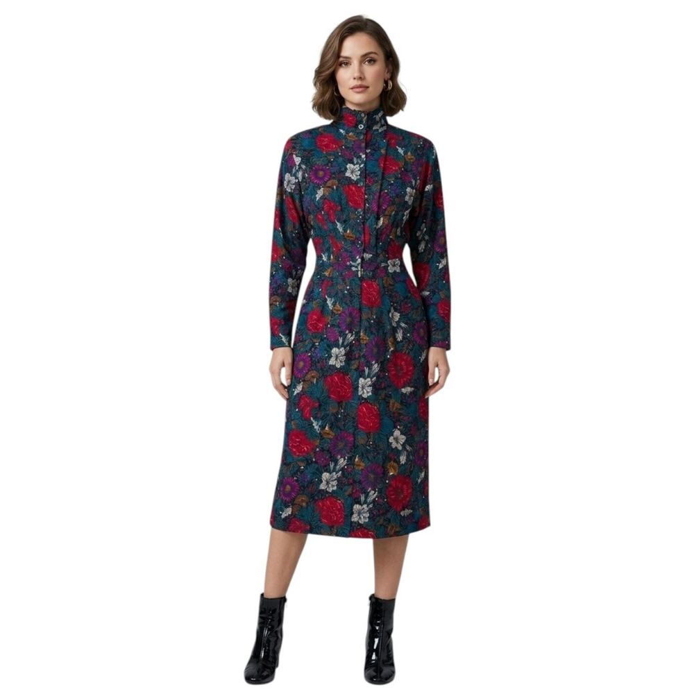 Vintage Wool Silk Floral High Neck Pleated Button Front Midi Dress Size 4 USA